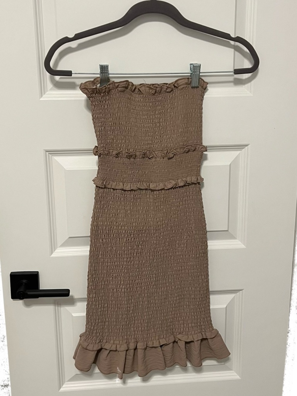 Love Tree Strapless Smocked Ruffle Midi Dress in Taupe